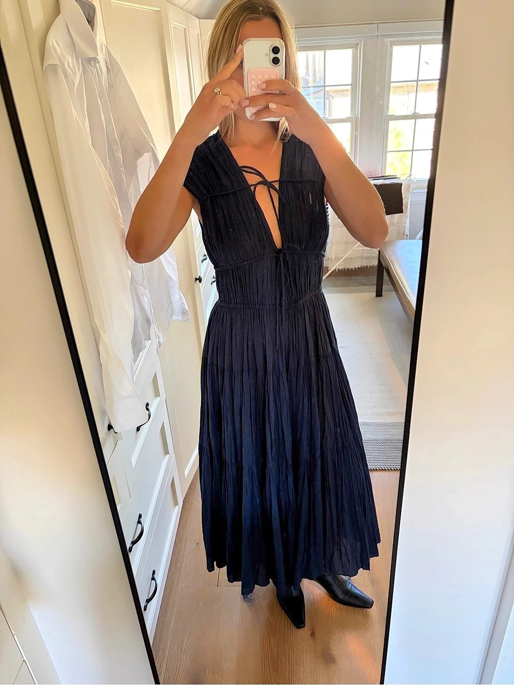 Massimo Dutti Navy Flutter Sleeve Tie Front Midi Dress in Blue